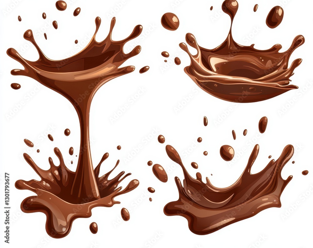 Poster dynamic splashes of rich brown liquid captured in various forms against a clean white background for