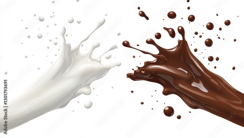 Poster dynamic splashes of white and brown paint captured in mid-air, creating a stunning visual contrast o