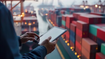 Logistics coordinator managing shipping operations at port digital device maritime environment close-up viewpoint