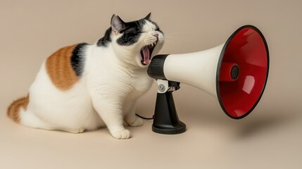 Cat yelling megaphone announcement studio background