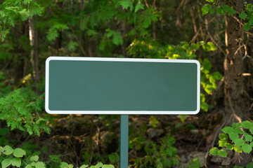 Blank green sign standing in the middle of lush nature, ready for customization or directional guidance.