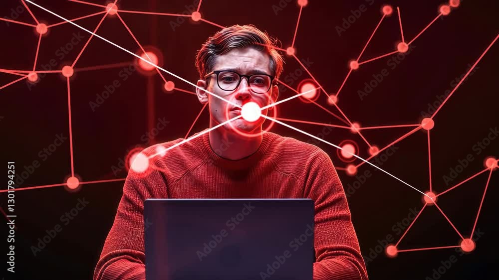 Aufkleber man glasses and red sweater focused laptop, surrounded by glowing network of connected nodes, symbol