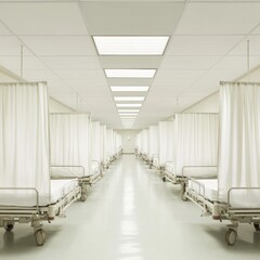Sterile hospital ward hallway, empty beds, ceiling lights, medical use