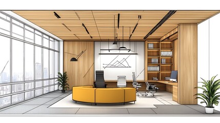 Modern Office Design: 3D Render of a Spacious, Sunlit Workspace AI Generated