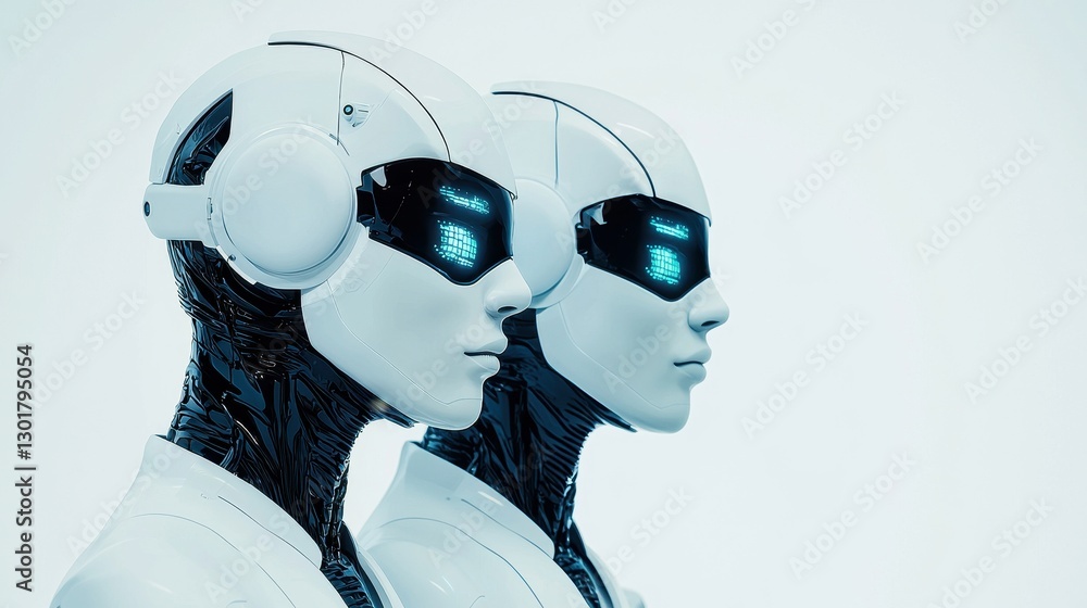 Poster futuristic robot pair with high-tech visors and sleek design