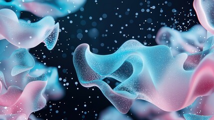 Vibrant fluid swirls in pink and blue with soft bokeh background, creating a dreamy and ethereal atmosphere for creative designs