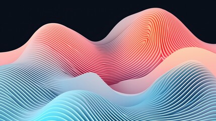 Flowing waves of gradient curves in shades of red and blue on a dark background, evoking motion and depth in modern design
