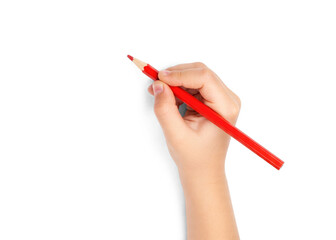 hand of a kid holding red pencil