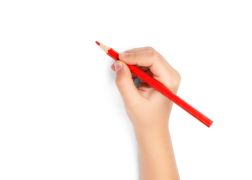 hand of a kid holding red pencil