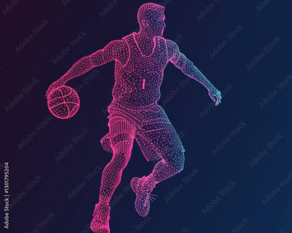 Poster 3d wireframe basketball player in action with neon glow effects