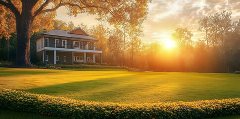 Obraz premium A large house with a large yard and a tree in the background