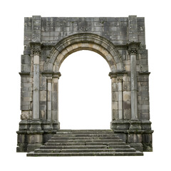 Ancient stone arch ruins with ivy and broken pillars on a white background