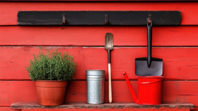 Garden Tools and potted plant display on red wall:A charming composition of gardening essentials artfully arranged on a weathered shelf against a bold red backdrop.