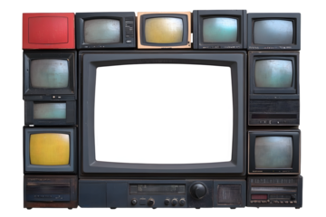 Old TV isolated on a white background. Retro technology concept. Blank screen for text. Vintage TVs from the 1980s, 1990s, 2000s.