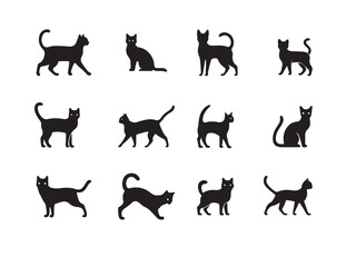 set of cats silhouettes.Set of Black Cat Silhouettes in Various Poses.A collection of nine black cat silhouettes in diverse stances.