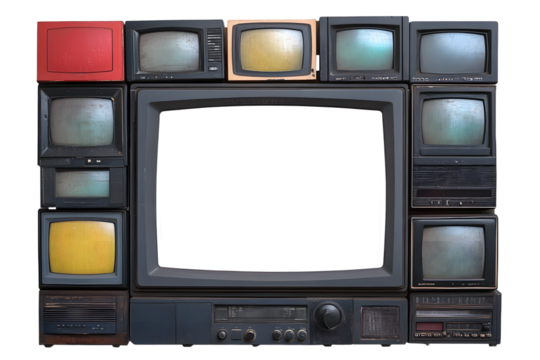 Old TV isolated on a white background. Retro technology concept. Blank screen for text. Vintage TVs from the 1980s, 1990s, 2000s.