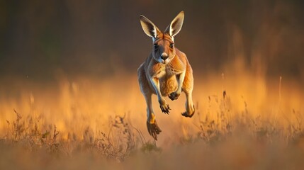 Obraz premium Red kangaroo leaping grassland sunset wildlife nature