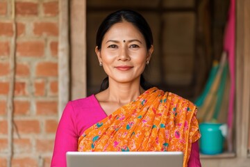 Confident Indian Woman in Sari using Laptop Rural Home Office Technology Access
