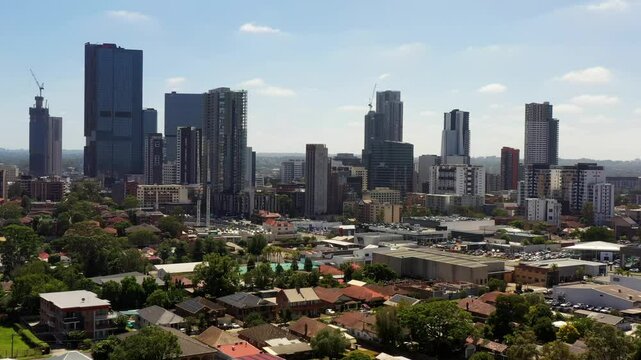 Parramatta city CBD towers in Western Sydney of Australia &ndash; aerial skyline view 4k.k
