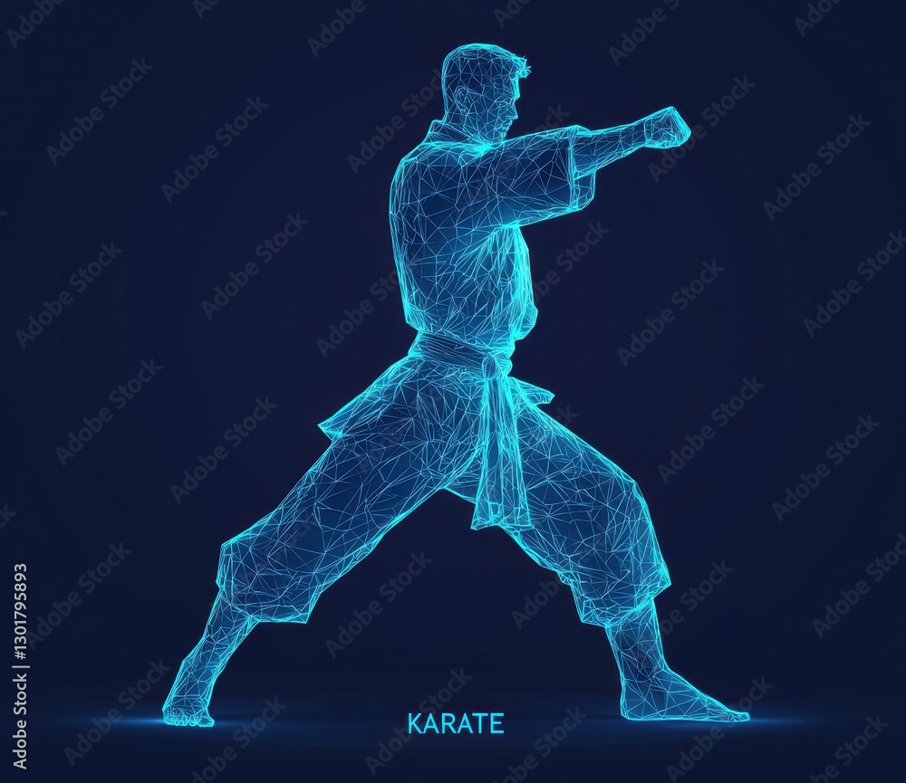 Poster dynamic karate pose in futuristic wireframe style on dark background