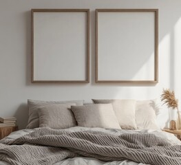Two empty frames above a bed with beige linens.