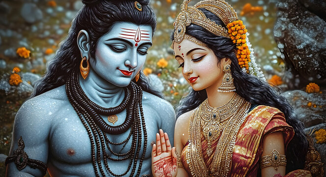 beautiful portrait of Hindu religion god Shiva or shiv with goddess Parvati