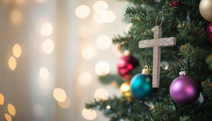 Close up of a christmas tree adorned with colorful ornaments and a cross in a cozy home setting