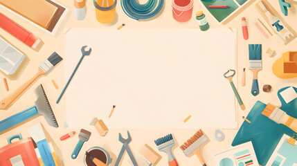 Home renovation flat illustration showcasing tools, paint buckets, and renovation plans.