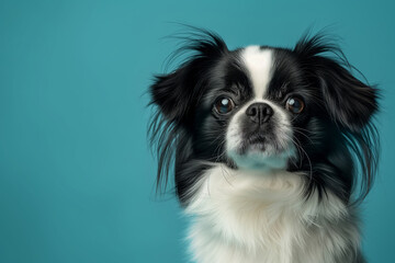Fototapeta premium Japanese Chin dog on minimalistic colorful background with Copy Space. Perfect for banners, veterinary ads, pet food promotions, and minimalist designs.