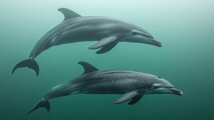 Fototapeta premium Two dolphins swimming ocean depths, sunlight background, marine wildlife