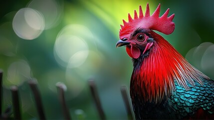 Fototapeta premium Rooster portrait in a garden, vibrant plumage, beautiful lighting, fence foreground