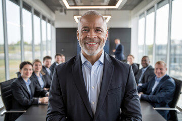 Confident mature businessman smiling in a modern office with a diverse team blurred in the background