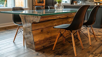 Rustic wood table with clear glass top and chairs in a modern kitchen setting