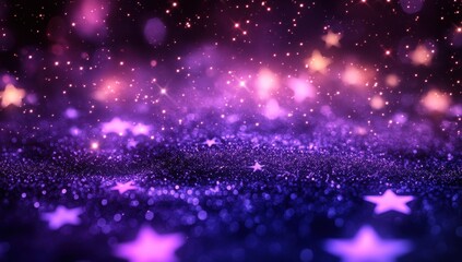 Obraz premium Enchanting Cosmic Background with Twinkling Stars and Shimmering Glitter in Deep Purple and Pink Hues for Magical Themes and Creative Projects