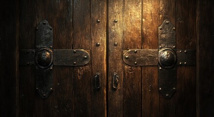 Fototapeta premium Ancient wooden double doors, dimly lit interior, historical ambiance, background image, stock photo