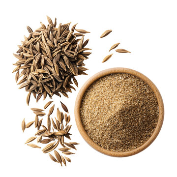 Aromatic cumin seeds and ground cumin powder in wooden bowl spice herb food photography