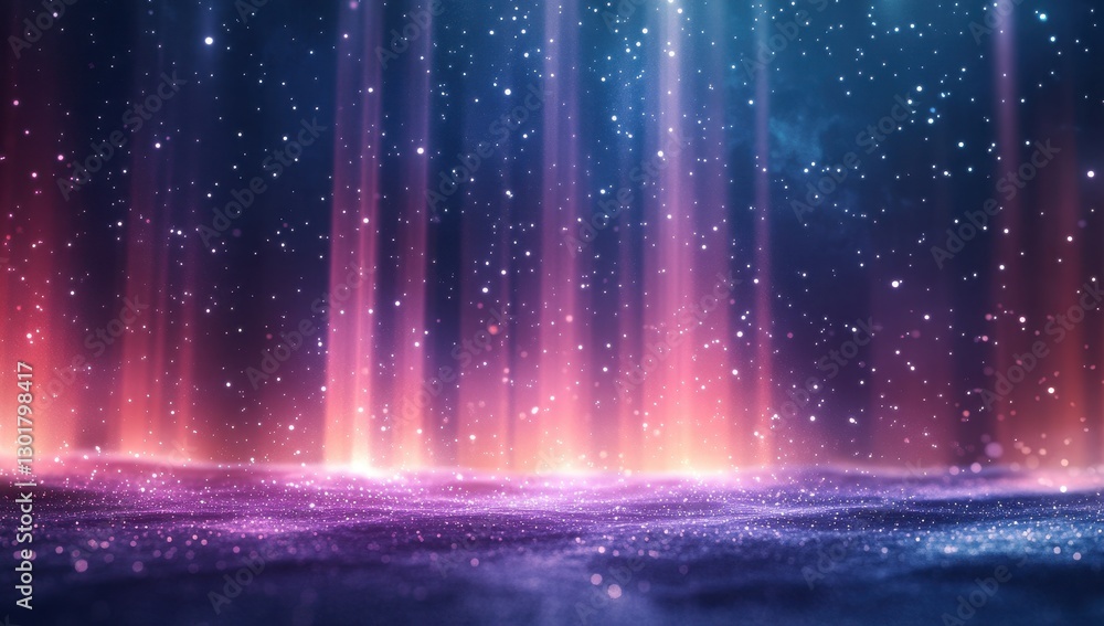 Poster ethereal light beams illuminating a mystical starry background with glowing particles and soft color