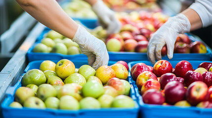 Workers in Gloves Sorting Red and Green Apples in Blue Bins