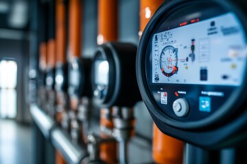 Close up of industrial water system meters showing flow and temperature in modern office setting
