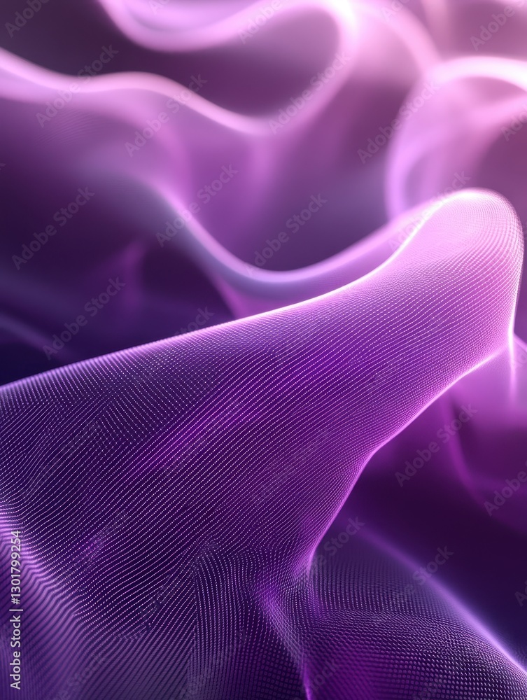 Poster ethereal purple wave patterns in soft light, abstract fabric texture with smooth flowing lines and d