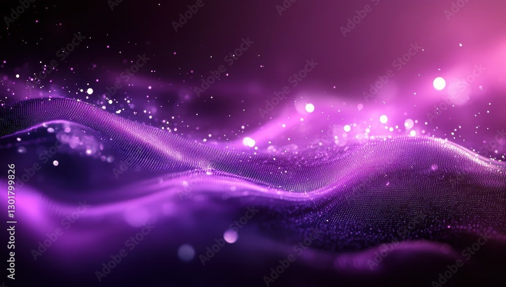 Poster ethereal waves of purple light with sparkling particles creating a dreamlike atmosphere for abstract