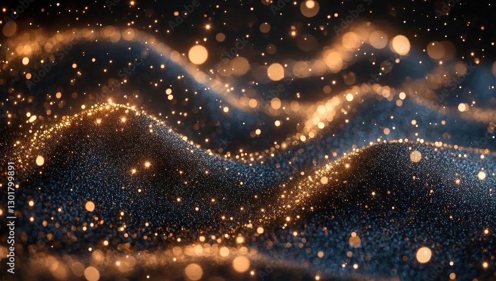 Poster shimmering golden particles dance over dark textured waves, creating a mesmerizing visual effect