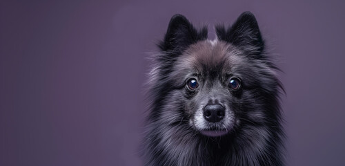 Obraz premium Keeshond dog on minimalistic colorful background with Copy Space. Perfect for banners, veterinary ads, pet food promotions, and minimalist designs.