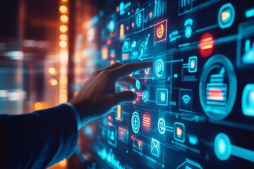 Fototapeta premium Businessman interacting with virtual screen of social network icons, symbolizing team connections