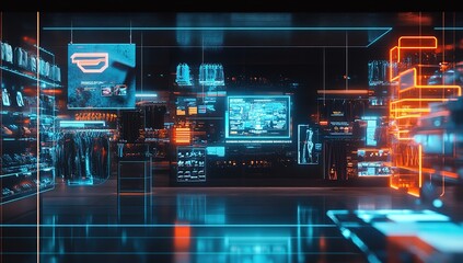 Futuristic Digital Interface with Glowing Neon Lights and Data Streams