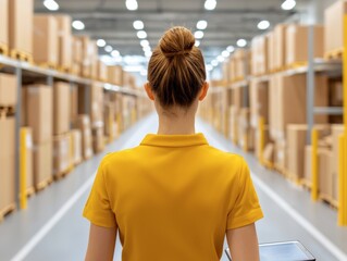 Woman in Yellow Polo Shirt Walking Through Warehouse Inventory Logistics Management