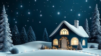 Fototapeta premium Cozy Winter Cottage: A 3D Render of a Snow-Covered Home at Night AI Generated