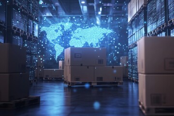 3d visualization of cardboard boxes on pallets with holographic data connections and global map