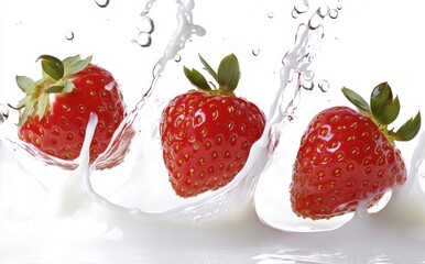 Fresh and Juicy Strawberries Splashing in Milk with Water Droplets Creating a Refreshing and Healthy Snack Experience