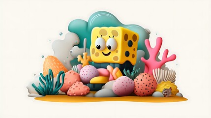 Obraz premium Playful 3D Render of a Sponge Character in an Underwater Scene AI Generated